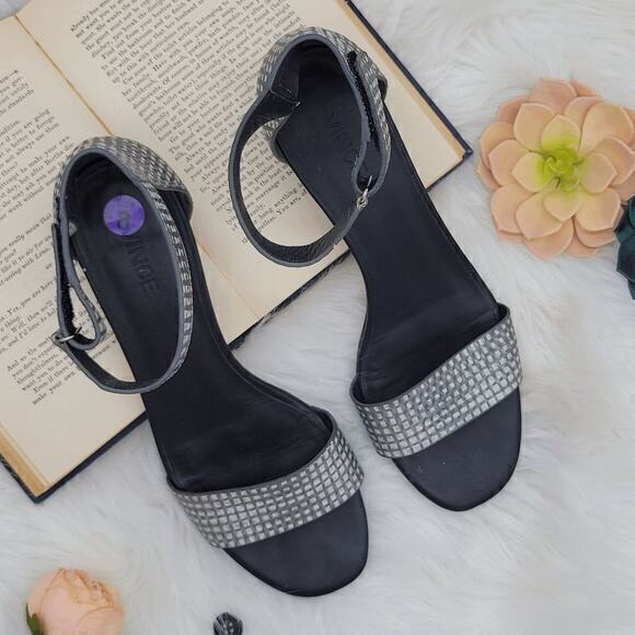 Vince Checkered Rita Block Heel Leather Sandals Size US 8M‎ EU 38 - Picture 3 of 12